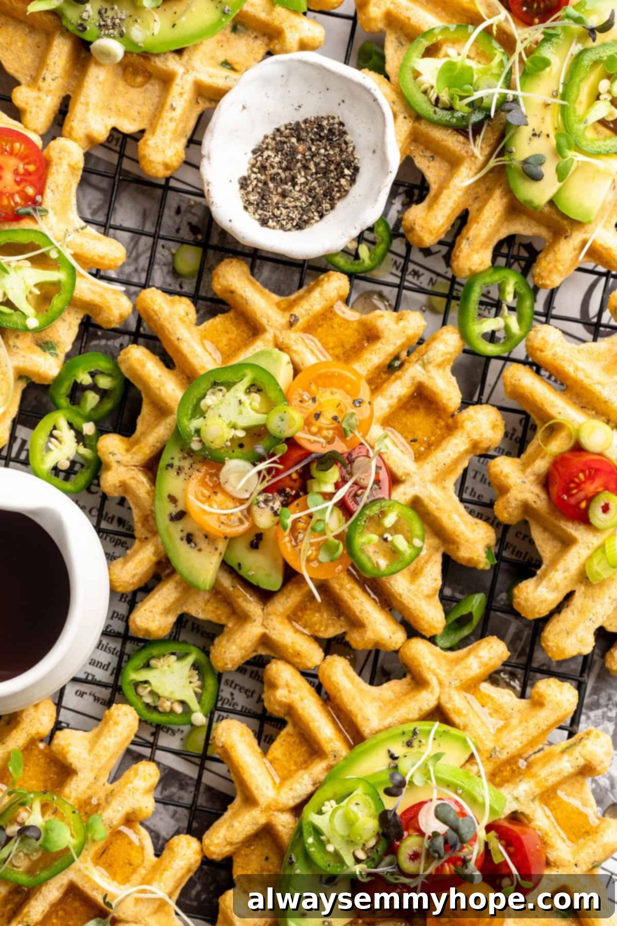 Overhead view of jalapeno cornbread waffles on wire rack