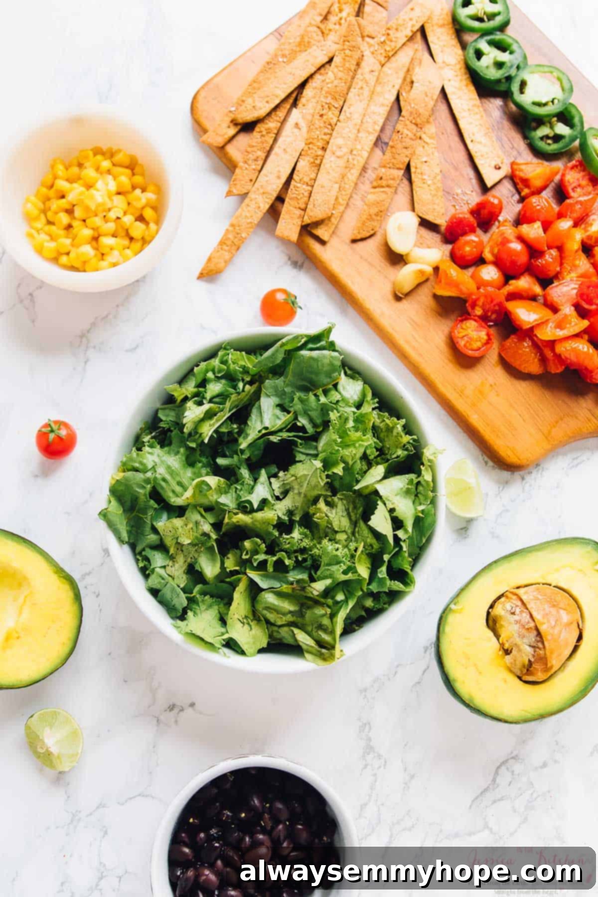 Loaded Taco Salad Bowl with Fresh Lime Crema Drizzle 3 Overhead shot of ingredients for loaded taco salad bowls.