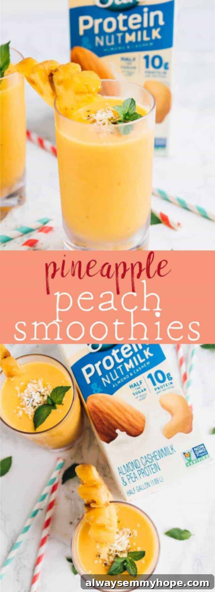 Sunshine Pineapple Peach Smoothie 8 These Pineapple Peach Smoothies are made with only 4 ingredients! They're creamy, refreshing and vegan! via https://jessicainthekitchen.com