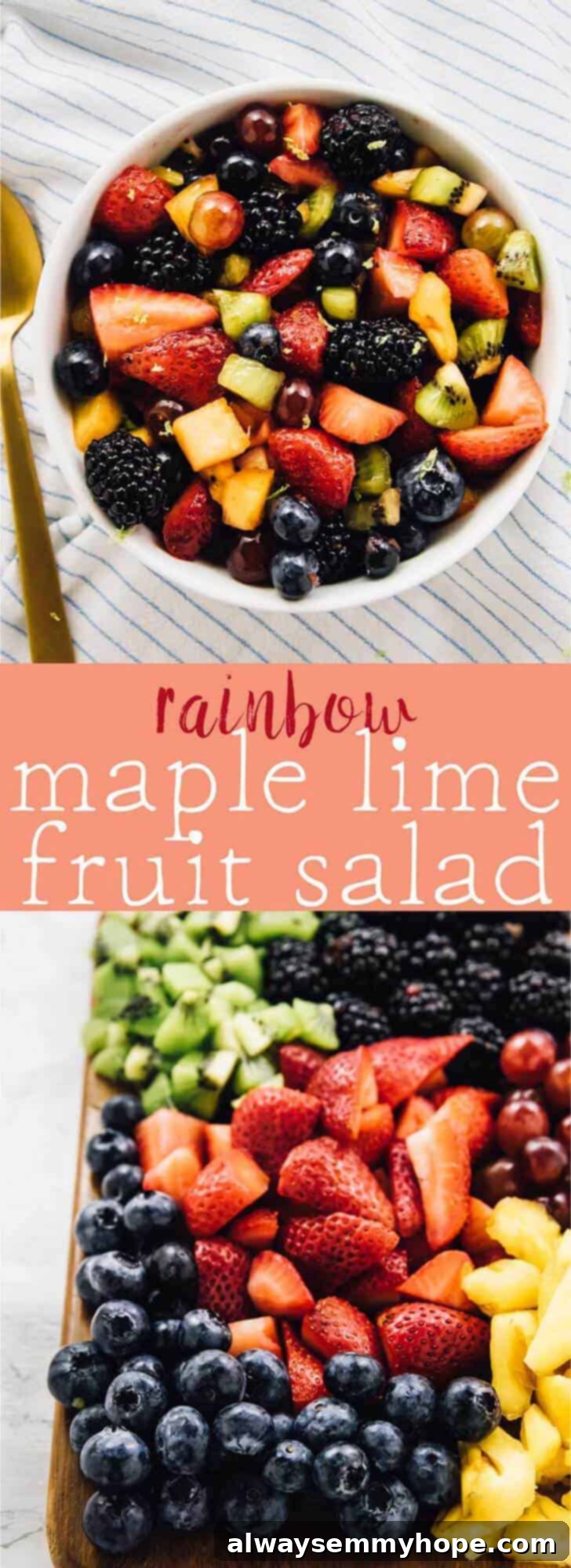 Vibrant Fruit Medley with Zesty Maple-Lime Drizzle 8 This beautiful Rainbow Fruit Salad with Maple Lime Dressing is loaded with so much delicious fruit flavour! It's a perfect quick snack, breakfast or even dessert and is vegan! via https://jessicainthekitchen.com