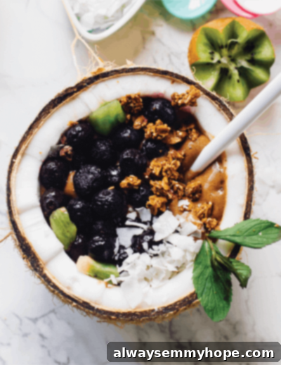 Seven Day Smoothie Reset Win A Prize 6 Overhead view of a decadent peanut butter smoothie bowl beautifully presented in a natural coconut shell, generously topped with crunchy nuts and nutritious seeds, offering a rich and satisfying meal.