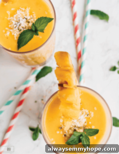 Seven Day Smoothie Reset Win A Prize 7 Overhead shot of two tall glasses filled with vibrant pineapple mango smoothies, elegantly garnished with fresh fruit slices, perfectly chilled and ready to be enjoyed as a tropical escape.