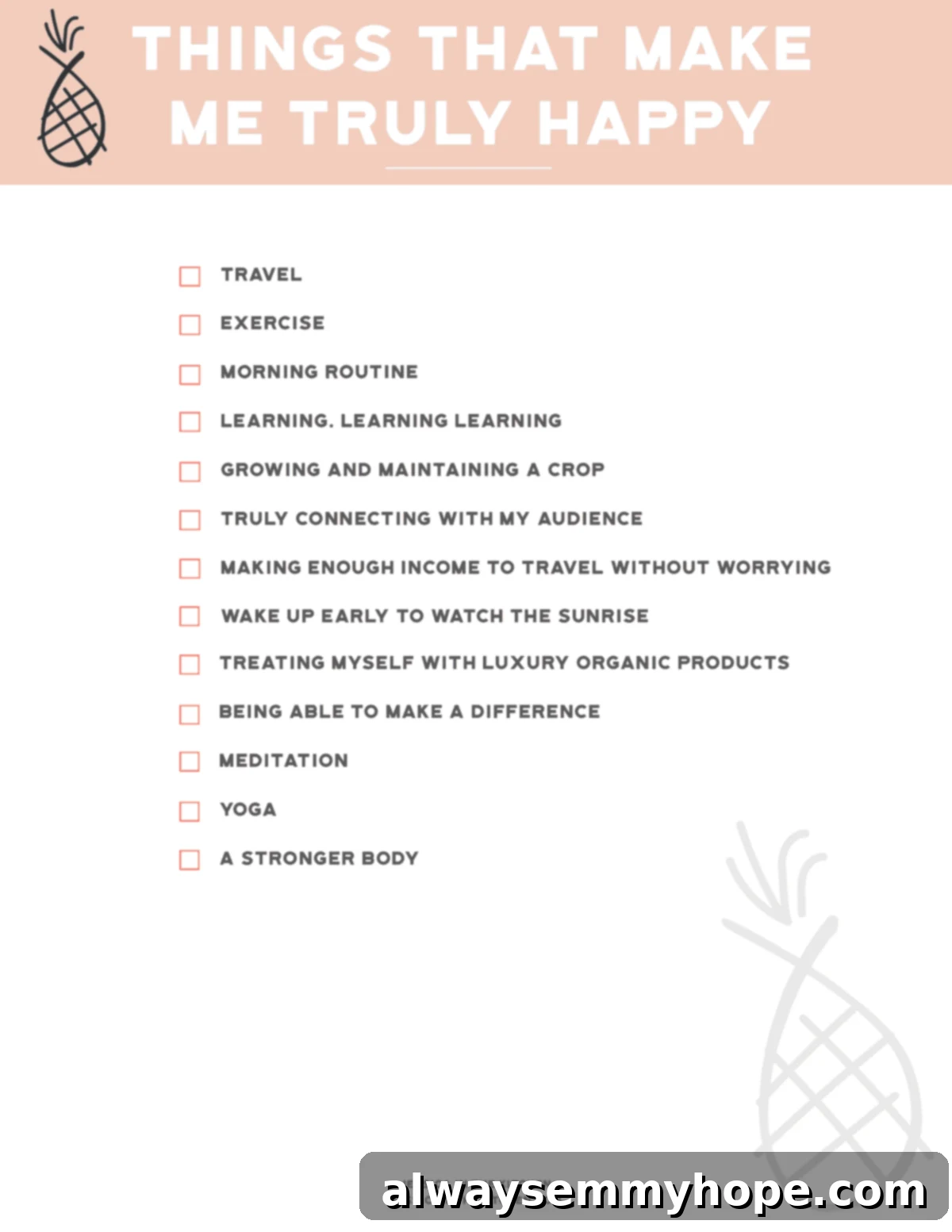 Your Summer Adventure Beyond The Kitchen 3 A beautifully designed graphic outlining a personal happiness list, featuring elements like travel, nature, creativity, and self-care.