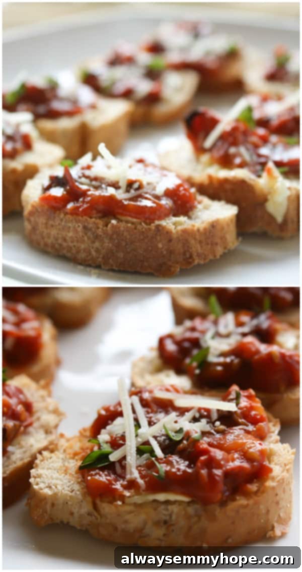 Roasted tomatoes produce an absolutely delicious home-made version of sun-dried tomatoes, resulting in Homemade Sundried Tomatoes Bruschetta. Side shot of Bruschetta's on a white plate.