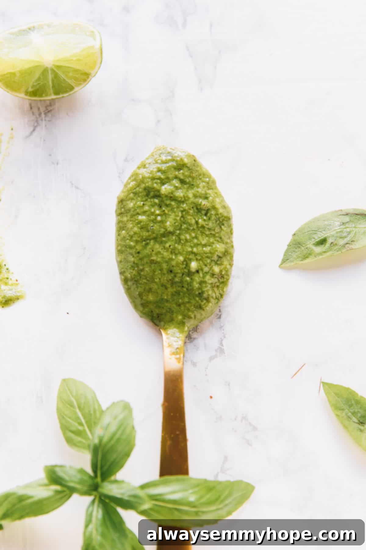 Overhead view of vegan basil pesto in a spoon, ready to be enjoyed.