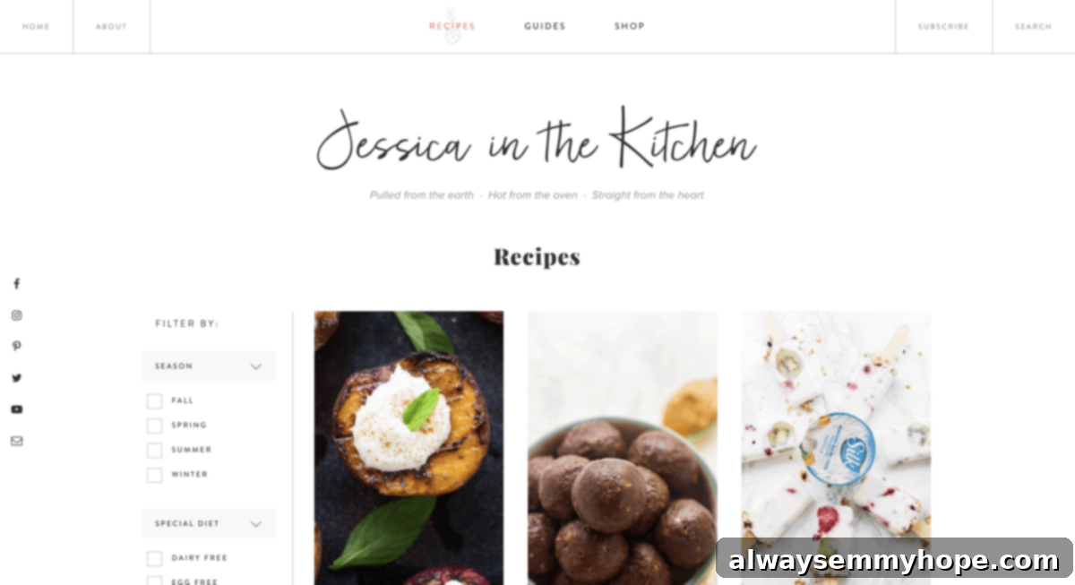 Screen grab of the redesigned Jessica in the Kitchen website recipe page, showcasing an organized layout with clear recipe cards and filtering options.