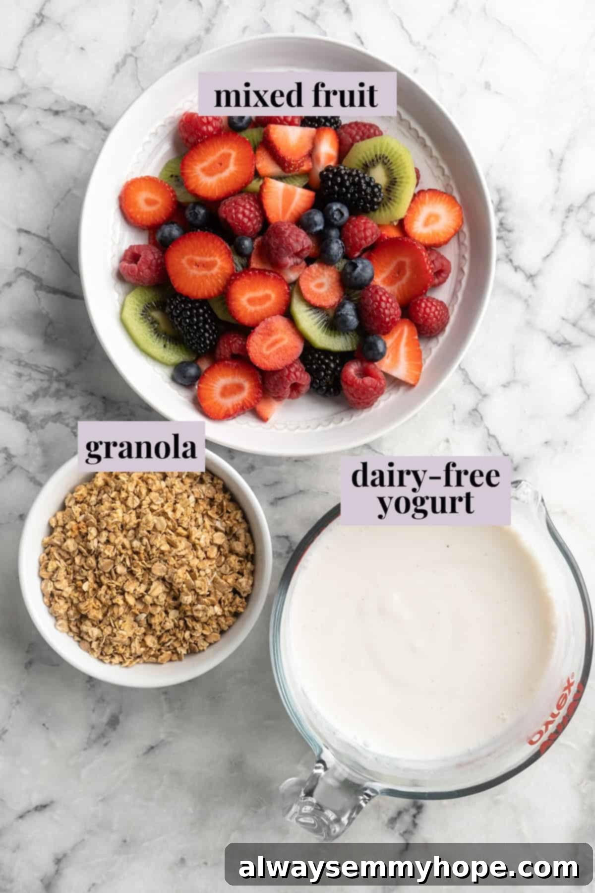 You only need 3 ingredients to make these easy and healthy yogurt popsicles! Enjoy them for breakfast, dessert, or any time in between. Overhead view of ingredients for yogurt popsicles