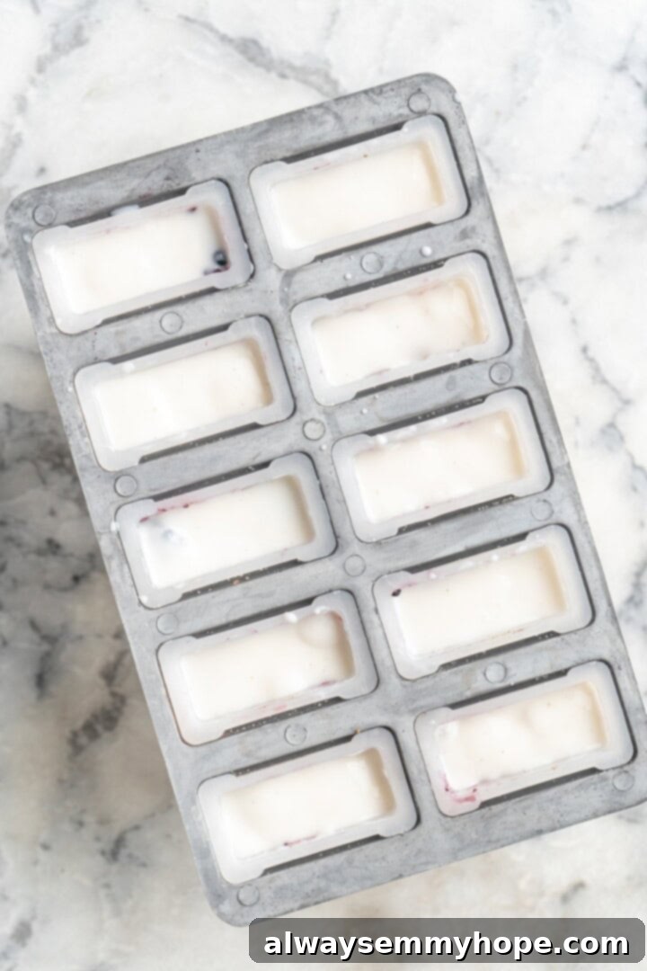 You only need 3 ingredients to make these easy and healthy yogurt popsicles! Enjoy them for breakfast, dessert, or any time in between. Overhead view of yogurt poured into popsicle molds