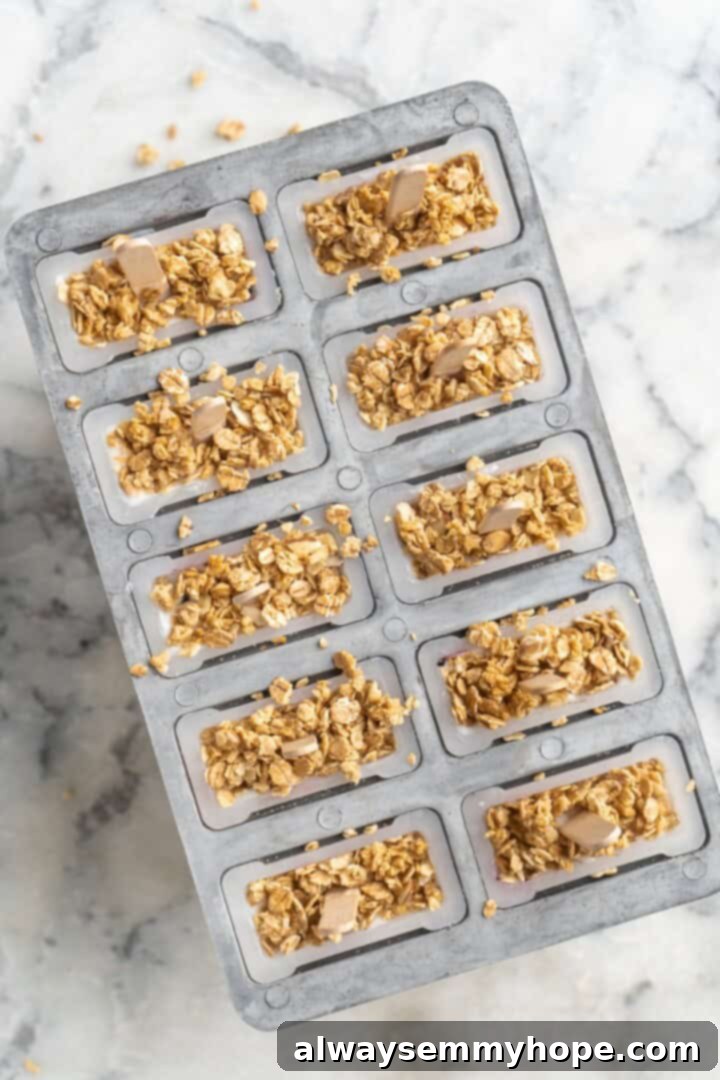 You only need 3 ingredients to make these easy and healthy yogurt popsicles! Enjoy them for breakfast, dessert, or any time in between. Overhead view of granola added to yogurt popsicles in mold