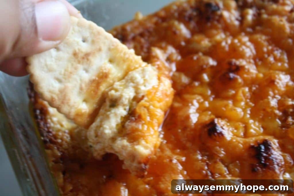 Who could resist this blend of cream cheese, blue cheese, buffalo chicken and most importantly hot sauce? It's buffalo chicken dip! Hand dipping cracker into buffalo dip.