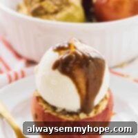 Vegan Baked Apples with Cinnamon Oat Crumble 2 A warm, inviting baked apple adorned with a generous scoop of vegan ice cream and a luscious drizzle of homemade caramel sauce, showcasing the perfect autumn dessert.