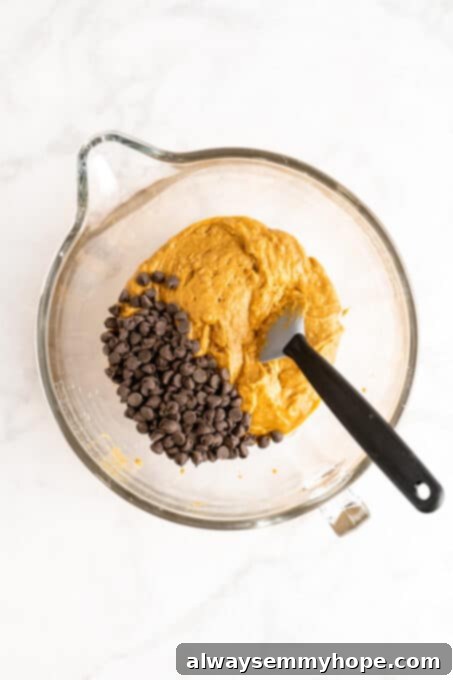 Overhead view of the thick vegan chocolate chip pumpkin bread batter in a glass mixing bowl with a rubber spatula, showing the chocolate chips folded in.