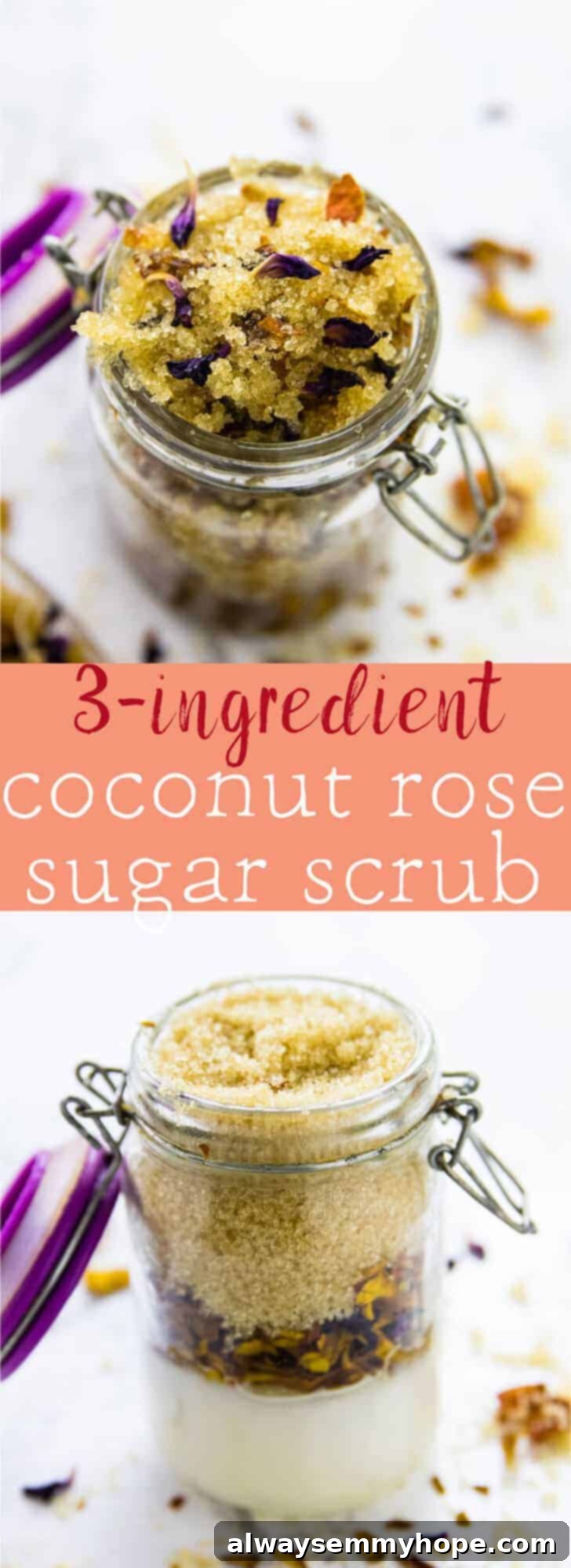 Learn how to make this easy homemade 3-Ingredient Coconut Rose Sugar Scrub using ingredients found in your pantry! It's exfoliating, leaves your skin soft, and smells amazing! DIY via https://jessicainthekitchen.com 