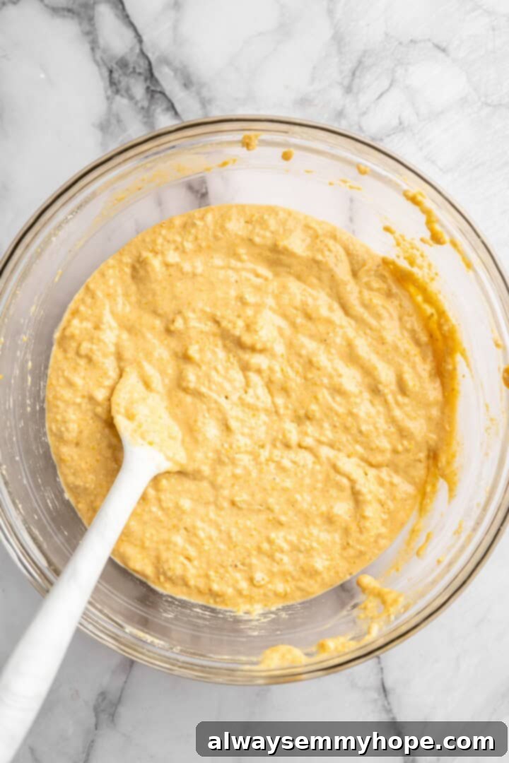 Pumpkin cornbread batter after wet and dry ingredients are combined, showing a smooth, thick consistency.