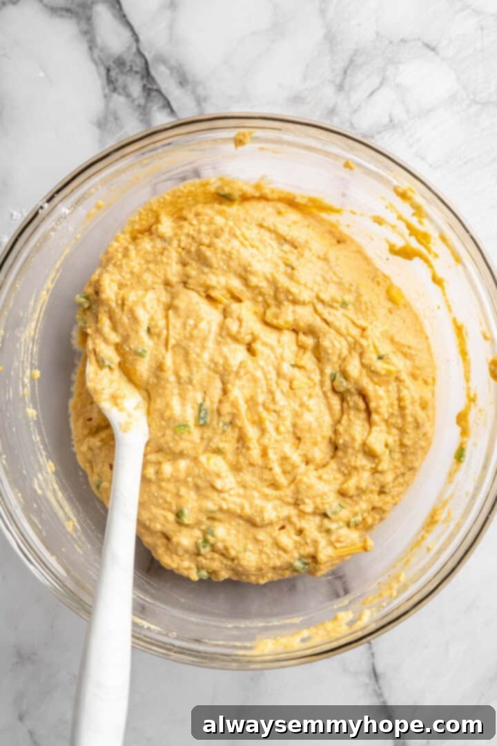 Close-up of vegan pumpkin cornbread batter in a bowl with diced jalapeños, corn kernels, and vegan cheese shreds folded in.