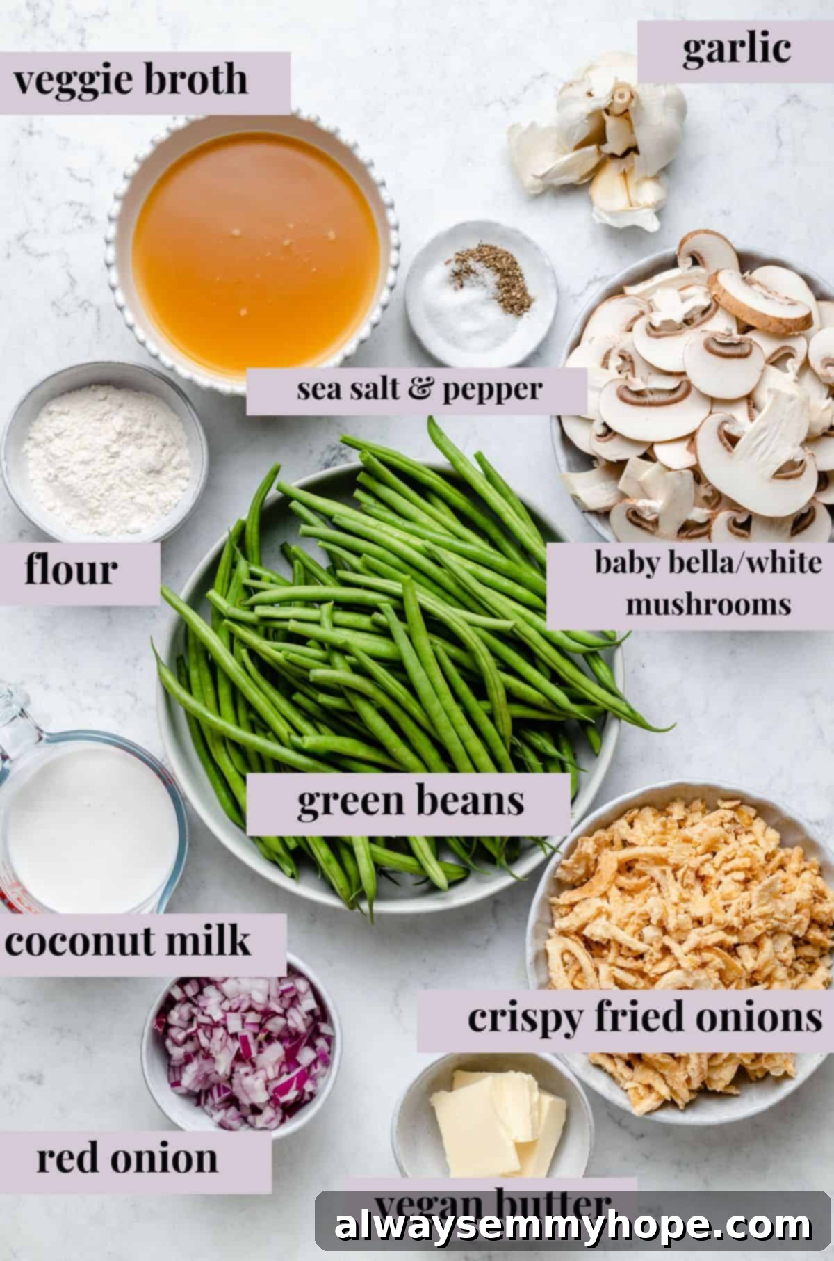 Overhead view of vegan green bean casserole ingredients
