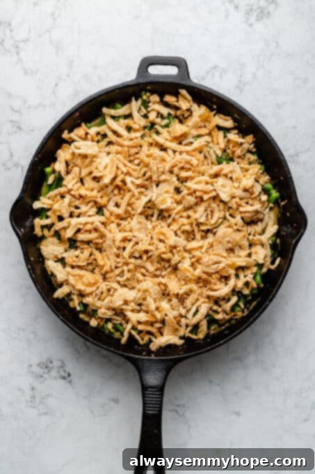 Overhead view of green bean casserole before baking