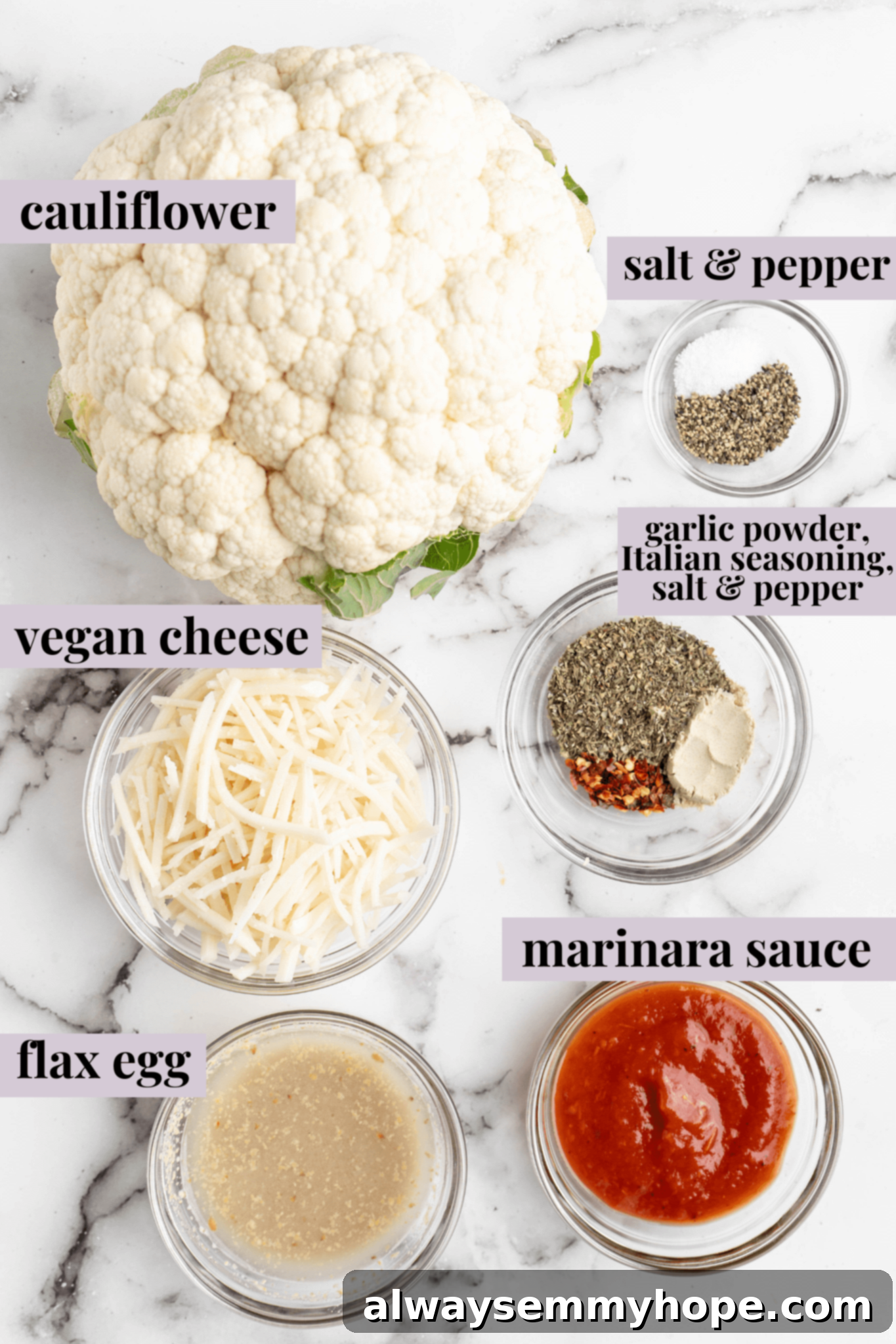 Overhead view of fresh ingredients for vegan cauliflower pizza bites, neatly arranged with clear labels for easy identification.