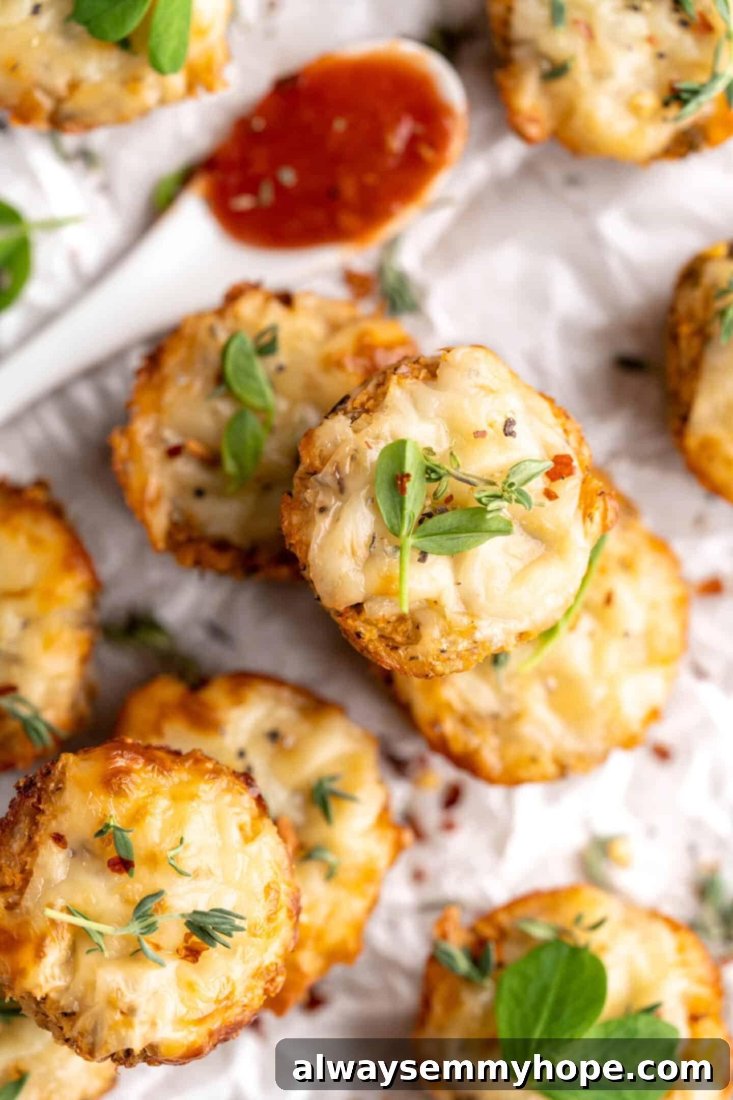 Close-up view of perfectly baked vegan cauliflower pizza bites, golden brown and topped with melted cheese, fresh from the oven.