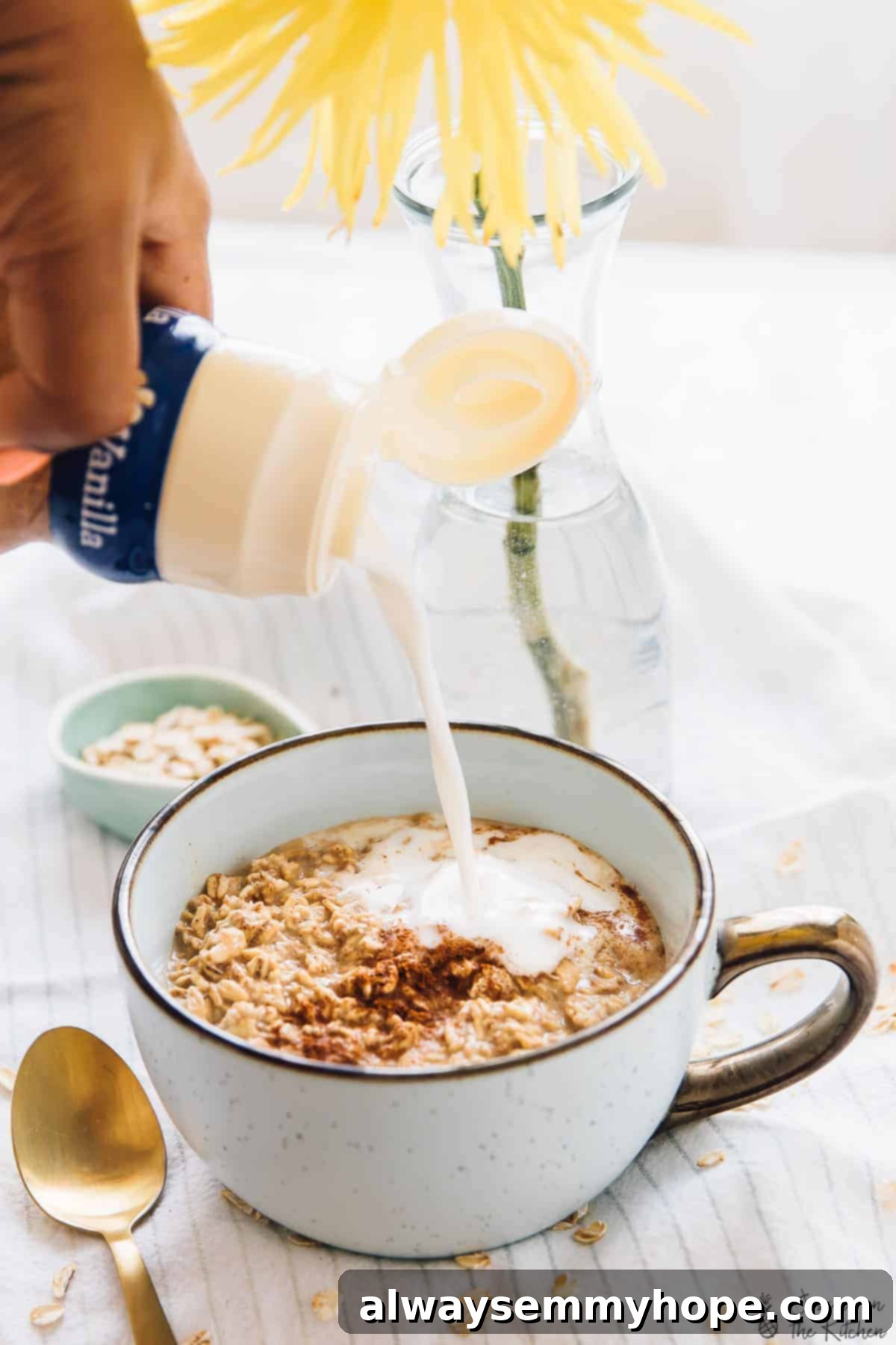 Spiced Espresso Overnight Oats 4 A close-up shot showing almond creamer being poured over a serving of Espresso Cinnamon Overnight Oats, adding a creamy, inviting touch.