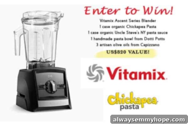 A sleek Vitamix blender showcased on a clean white background, with descriptive text highlighting its features and benefits.