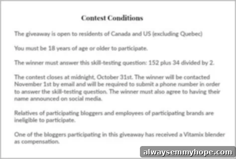 Terms and conditions for the giveaway, detailed in clear text.