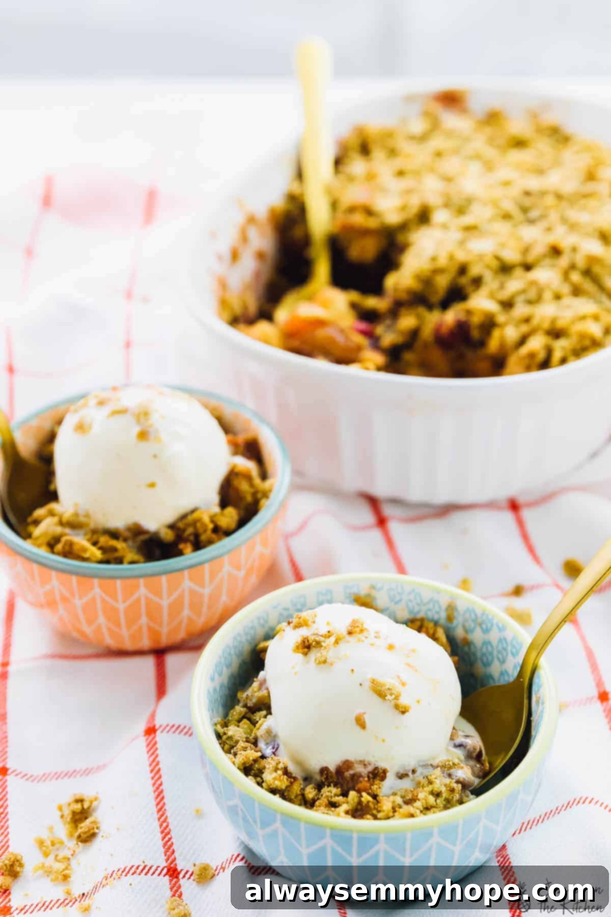 Two cozy bowls of freshly baked cranberry apple crisp, ready to be served and enjoyed, showcasing its inviting golden topping.