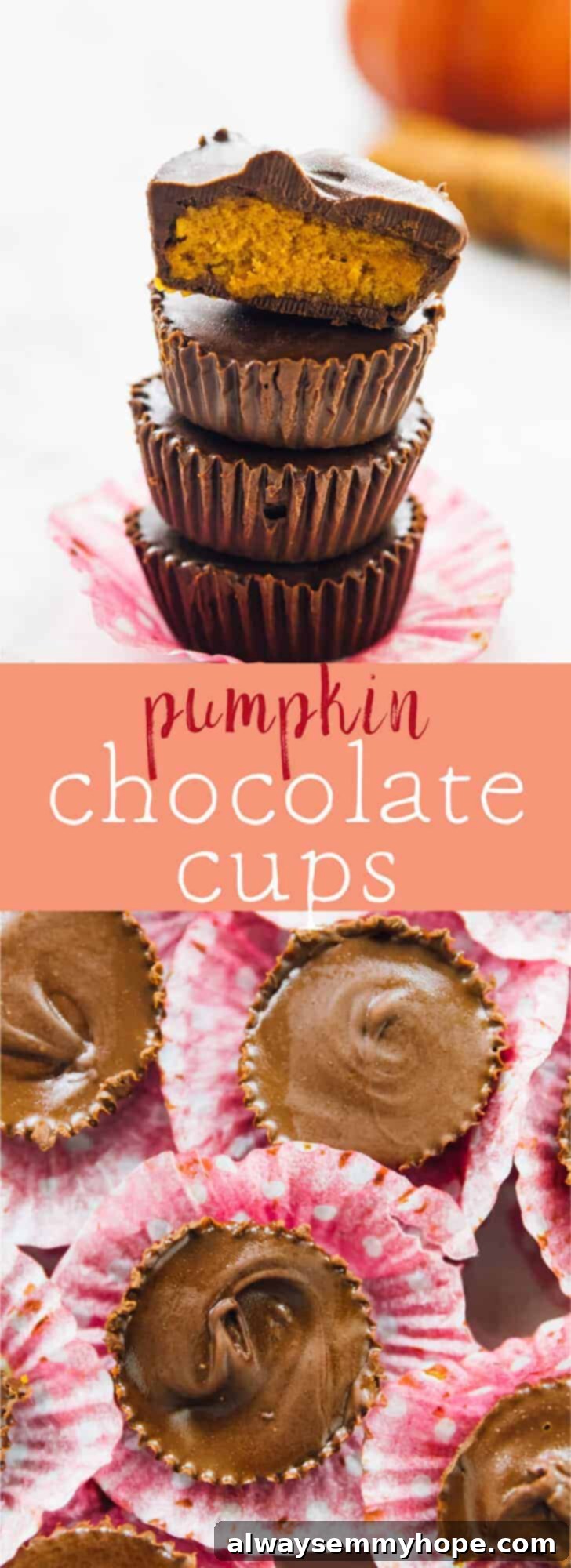 Pinterest image for pumpkin chocolate cups, with descriptive text overlay.