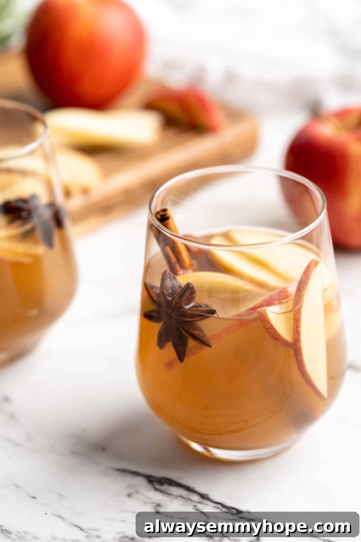 A beautifully presented glass of hot spiced apple cider, garnished with a fresh apple slice, a cinnamon stick, and whole star anise, sitting on a dark surface.