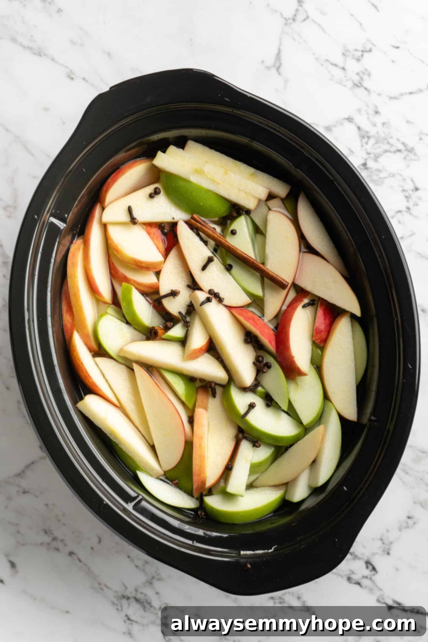 Overhead view of sliced apples, quartered orange (peel removed), and whole spices (cinnamon sticks, cloves, nutmeg) added to a slow cooker, ready for water.