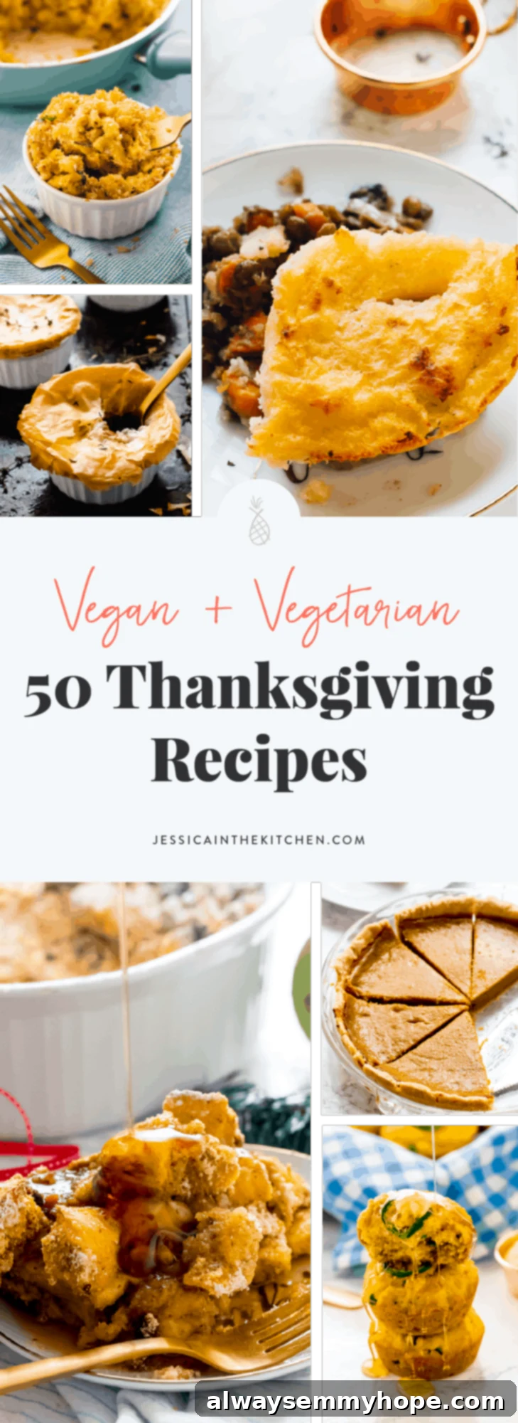 A montage of vegan thanksgiving recipes with text.