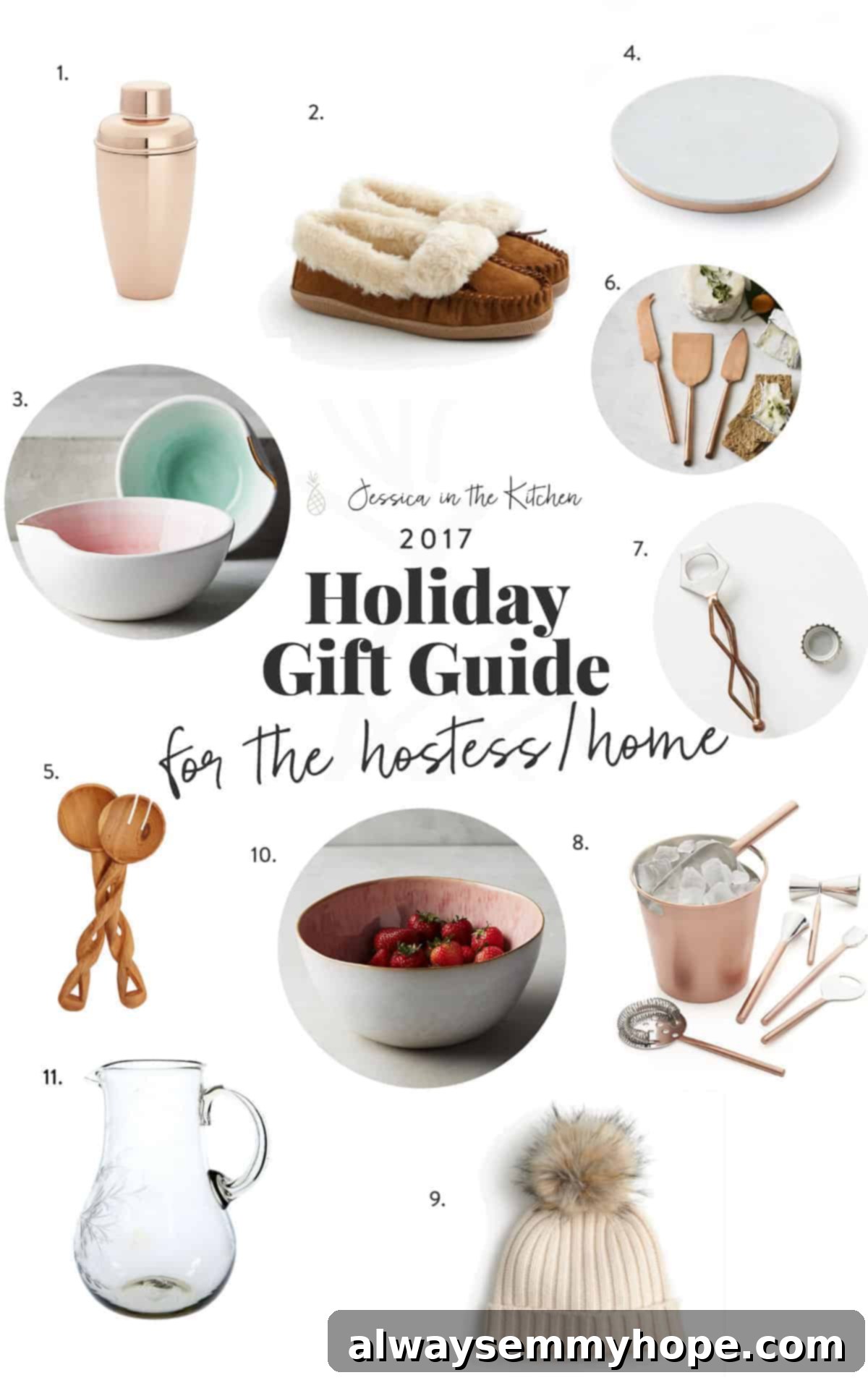 A tastefully arranged collection of various gift ideas for home and entertaining, including bar tools, serving boards, and decorative bowls, all on a bright white background.