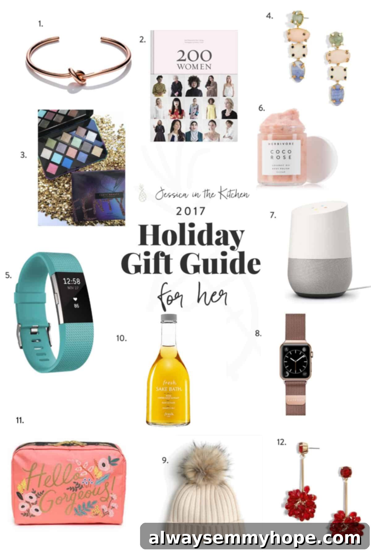 A diverse assortment of gifting products, including jewelry, books, smart home devices, and fashion accessories, presented on a minimalist white background.