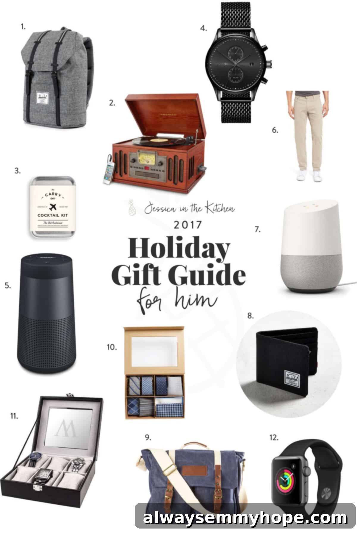 A collection of diverse gifts for men, including a backpack, turntable, cocktail kit, watch, and tech gadgets, all displayed against a clean white background, suggesting modern and practical choices.