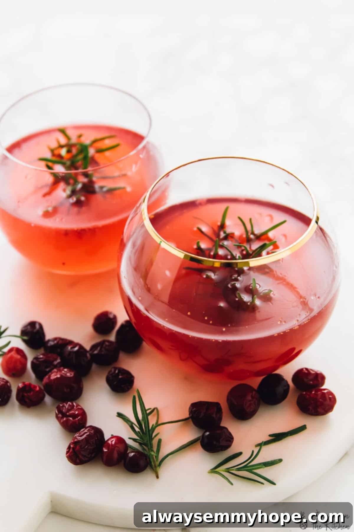 Two glasses of cranberry gin cocktail surrounded by cranberries and rosemary.