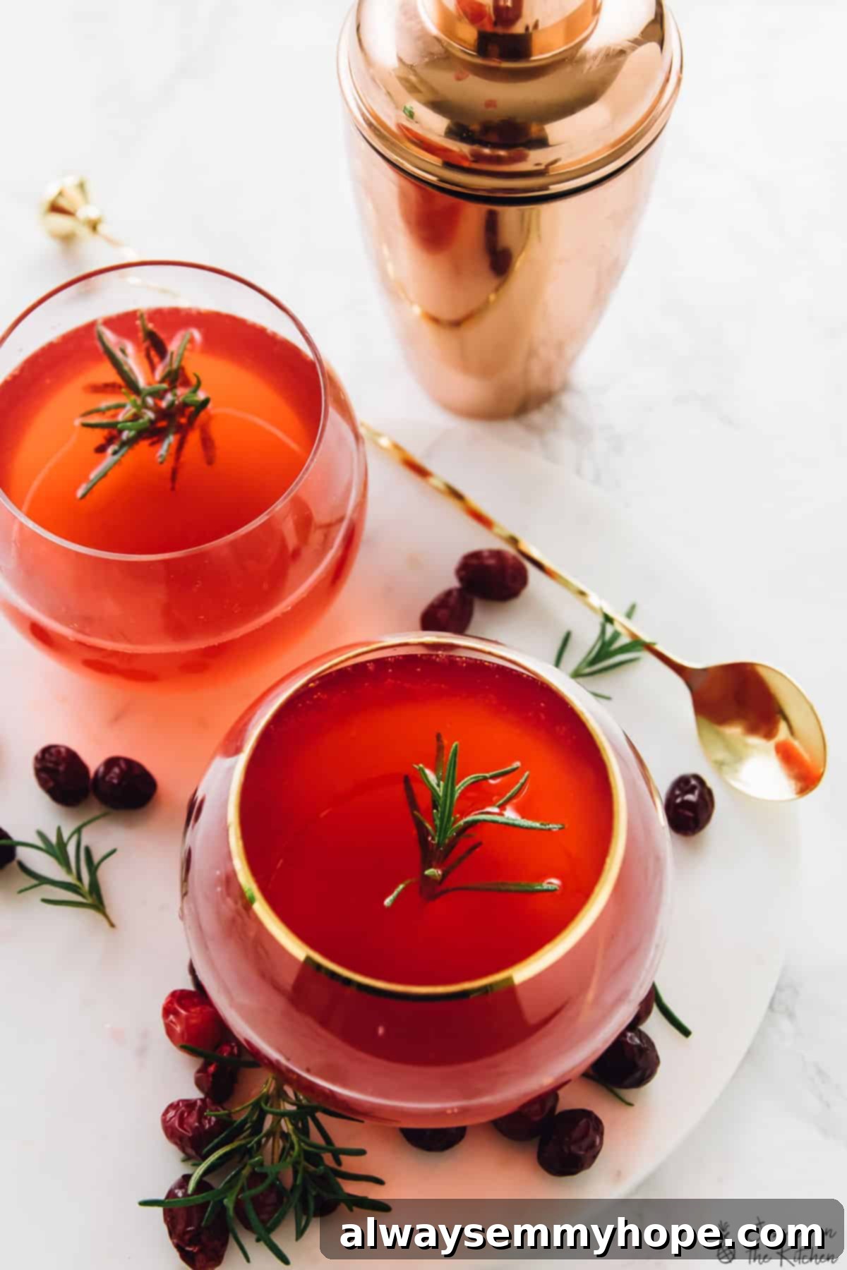Overhead view of cranberry gin cocktails in round glasses with a shaker on the side. 