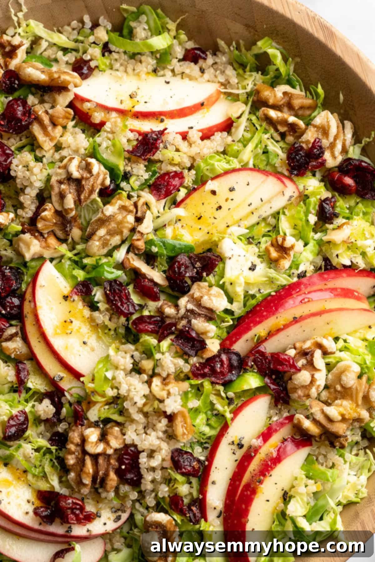 Close-up of a vibrant shaved Brussels sprout salad in a bowl, highlighting walnuts, quinoa, sliced apple, and cranberries.