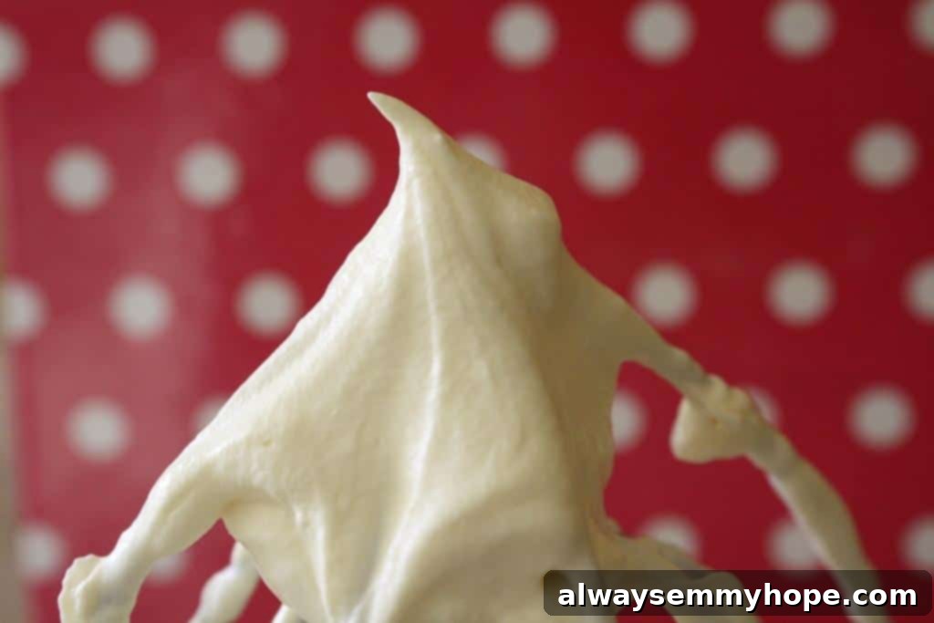 Perfectly whipped cream frosting on a whisk, ready for use.