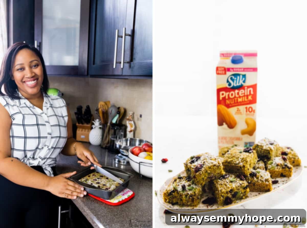 My Progress Morning Routine Featuring Quinoa Breakfast Bars 2 Jessica in her kitchen cutting some protein-packed quinoa breakfast bars.