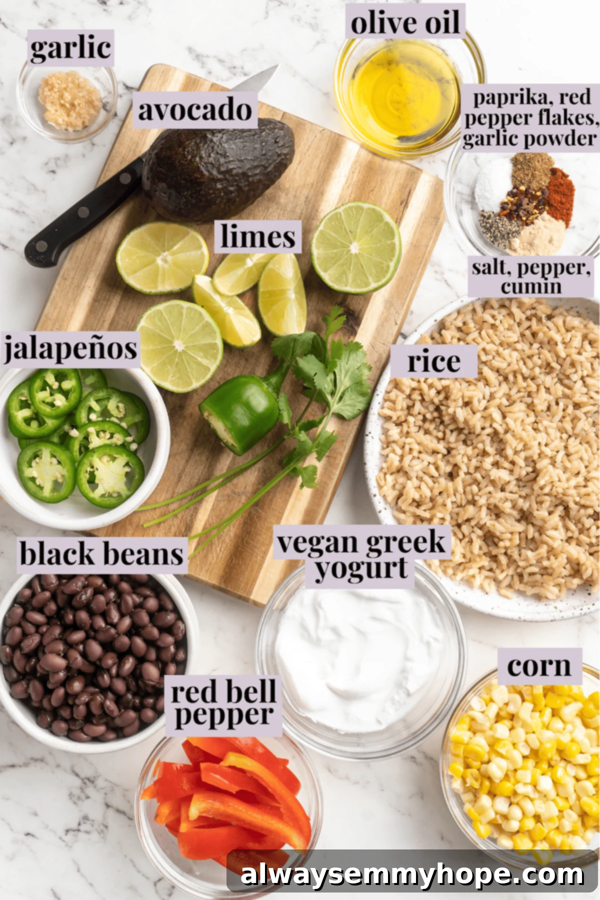 Overhead view of fresh ingredients for vegan burrito bowls neatly arranged with labels, including quinoa, black beans, corn, bell pepper, and fresh herbs.