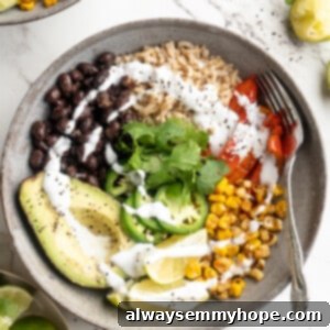 Overhead view of vegan burrito bowl with crema