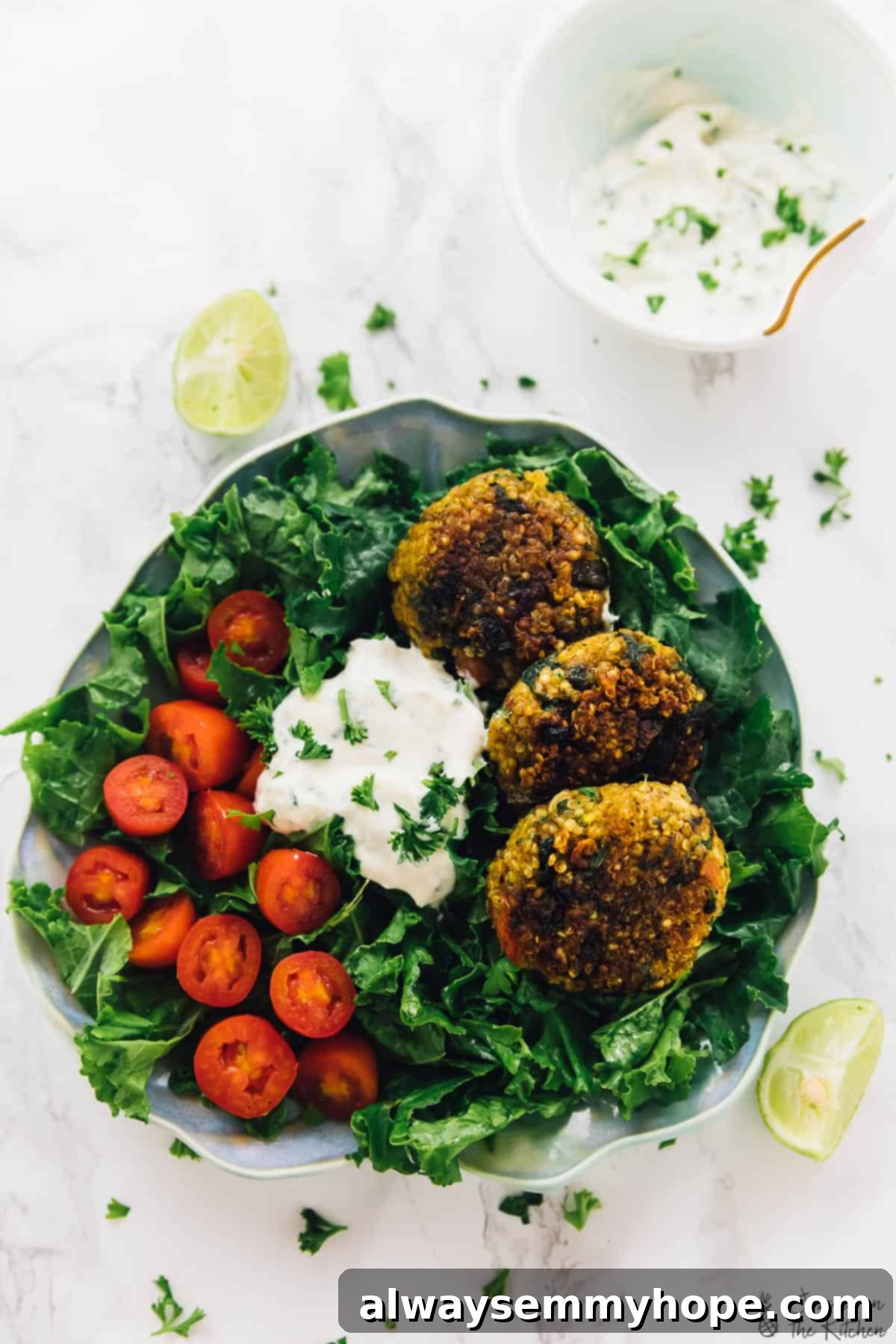 Top down shot of crispy quinoa patties on a bed of greens. An inviting top-down view of several golden brown, crispy quinoa patties beautifully arranged on a vibrant bed of mixed greens, ready to be served.