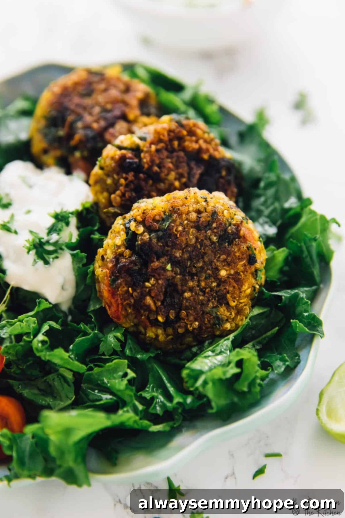 Three crispy quinoa patties on plate of greens Three perfectly golden brown, crispy quinoa patties displayed on a clean white plate, artfully placed on a bed of vibrant green lettuce leaves, ready to be enjoyed.