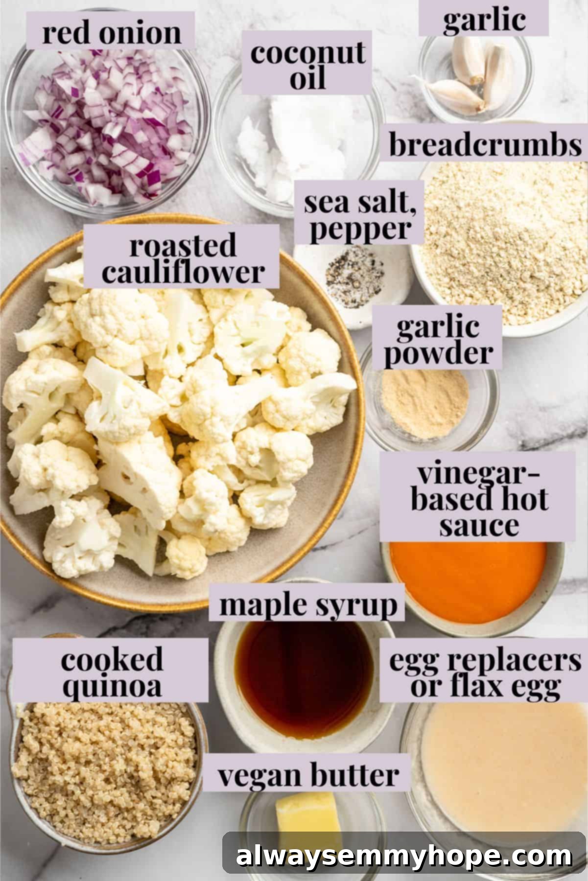 Overhead view of ingredients for Buffalo cauliflower meatballs with labels.