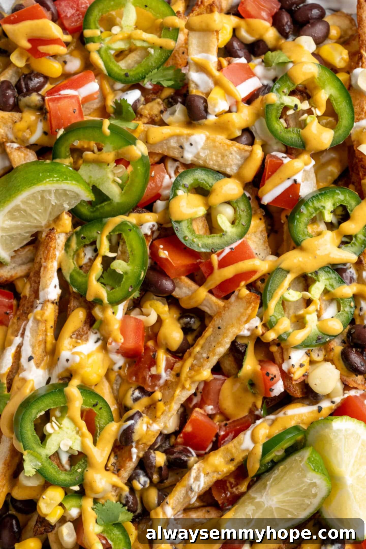 Get the party started with loaded nacho fries! They're topped with all your favourite nacho toppings to create an irresistible appetizer. Overhead view of loaded nacho fries topped with creamy vegan queso, black beans, corn, tomatoes, and jalapeños, ready to be served.
