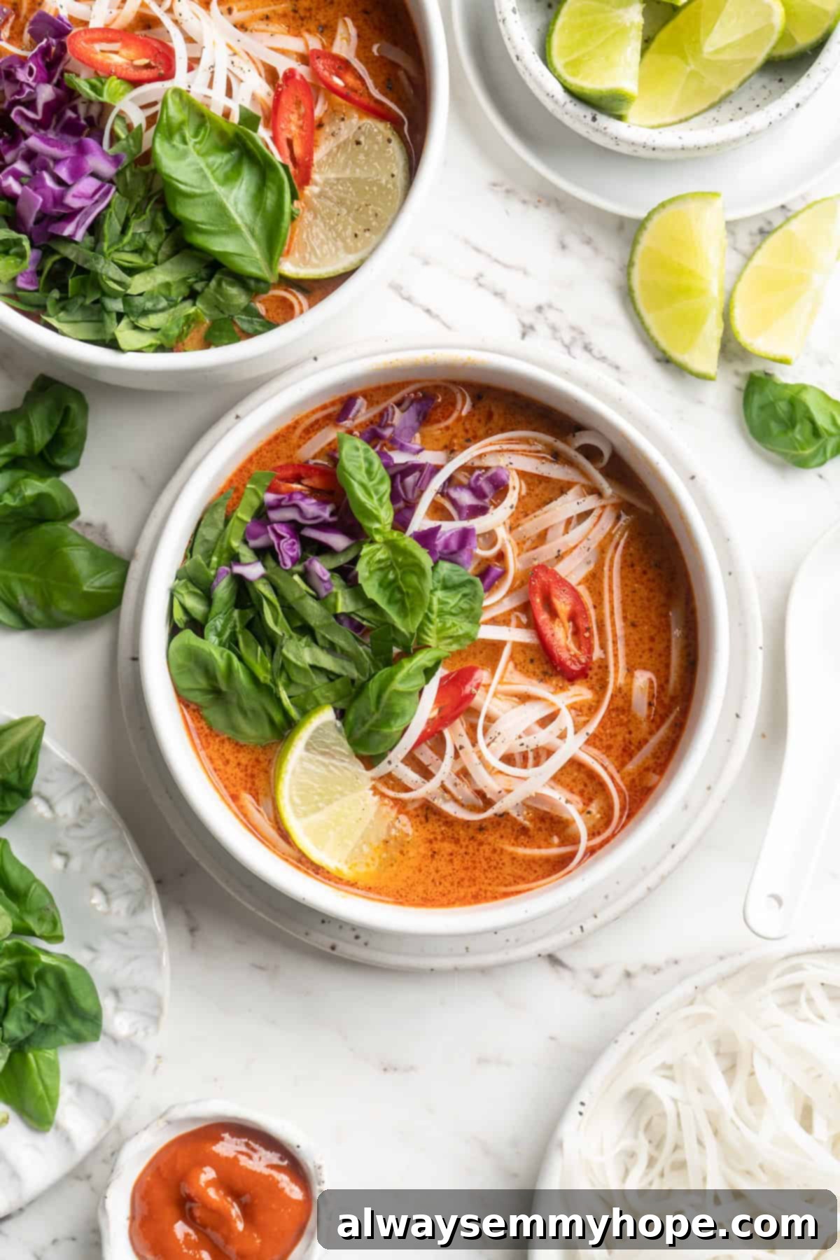 This Thai Coconut Curry Soup is creamy, flavourful, and fragrant, with plenty of veggies and noodles to keep you satisfied. Quick and easy! Overhead view of two bowls of Thai coconut curry soup with noodles, garnished with fresh basil.