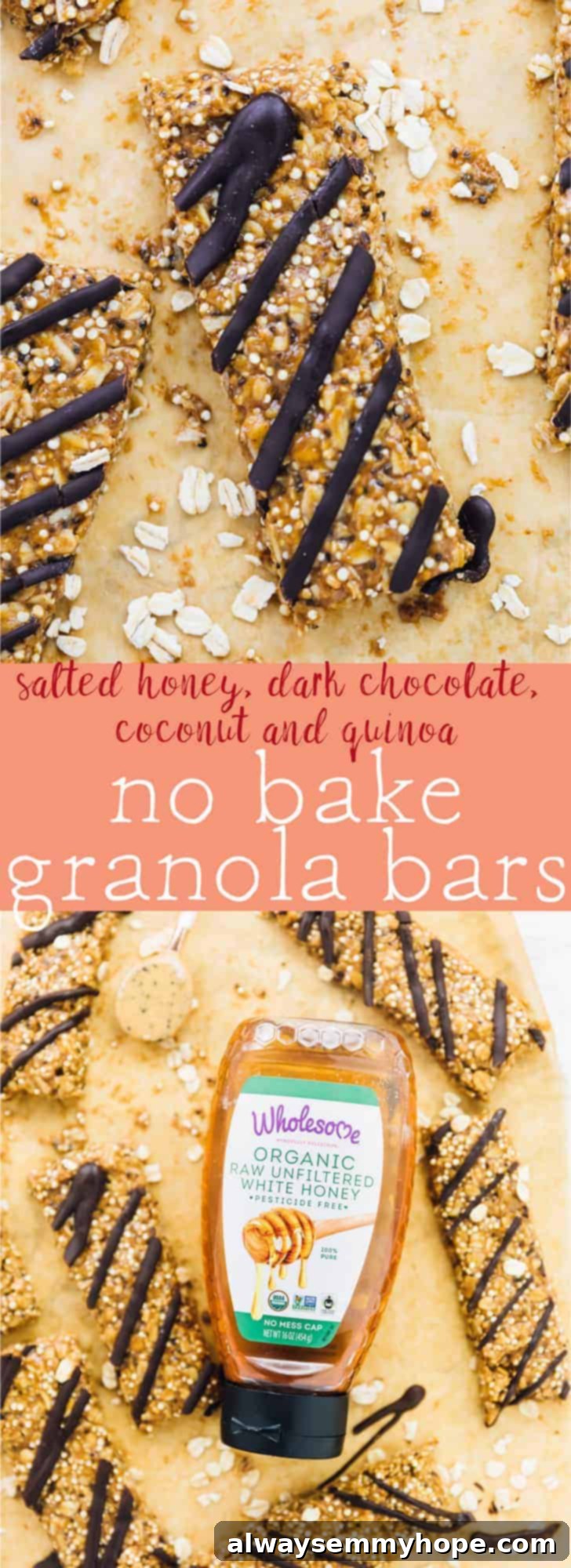 No-Bake Salted Honey Dark Chocolate Quinoa Coconut Delights 8 A vertical banner image showcasing the Salted Honey, Dark Chocolate, Coconut and Quinoa No-Bake Granola Bars, ideal for sharing on social media.