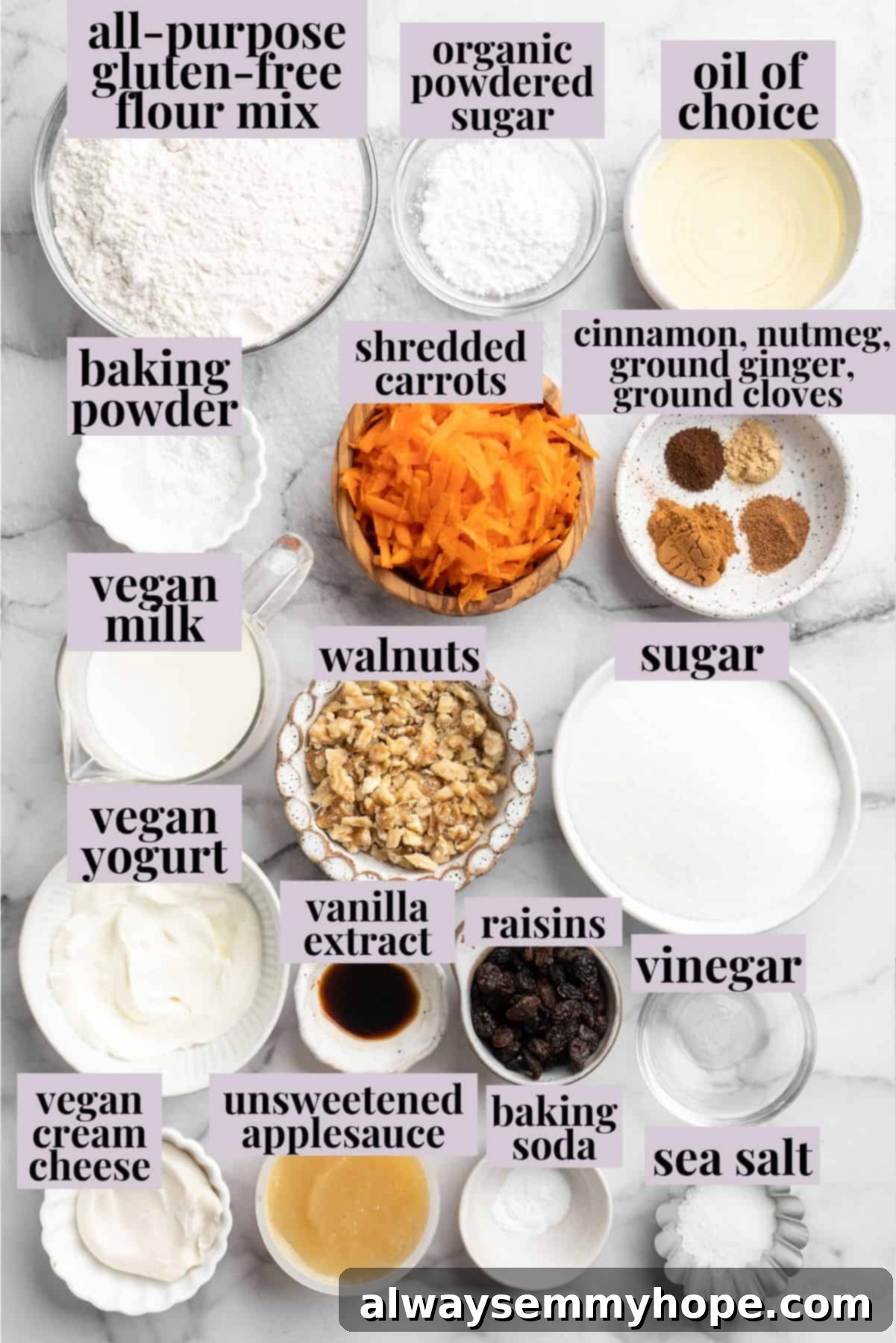 These easy carrot cake muffins bake up in just 30 minutes and are absolutely fantastic. Moist, delectable, vegan and gluten-free! Overhead view of ingredients for vegan carrot cake muffins with labels