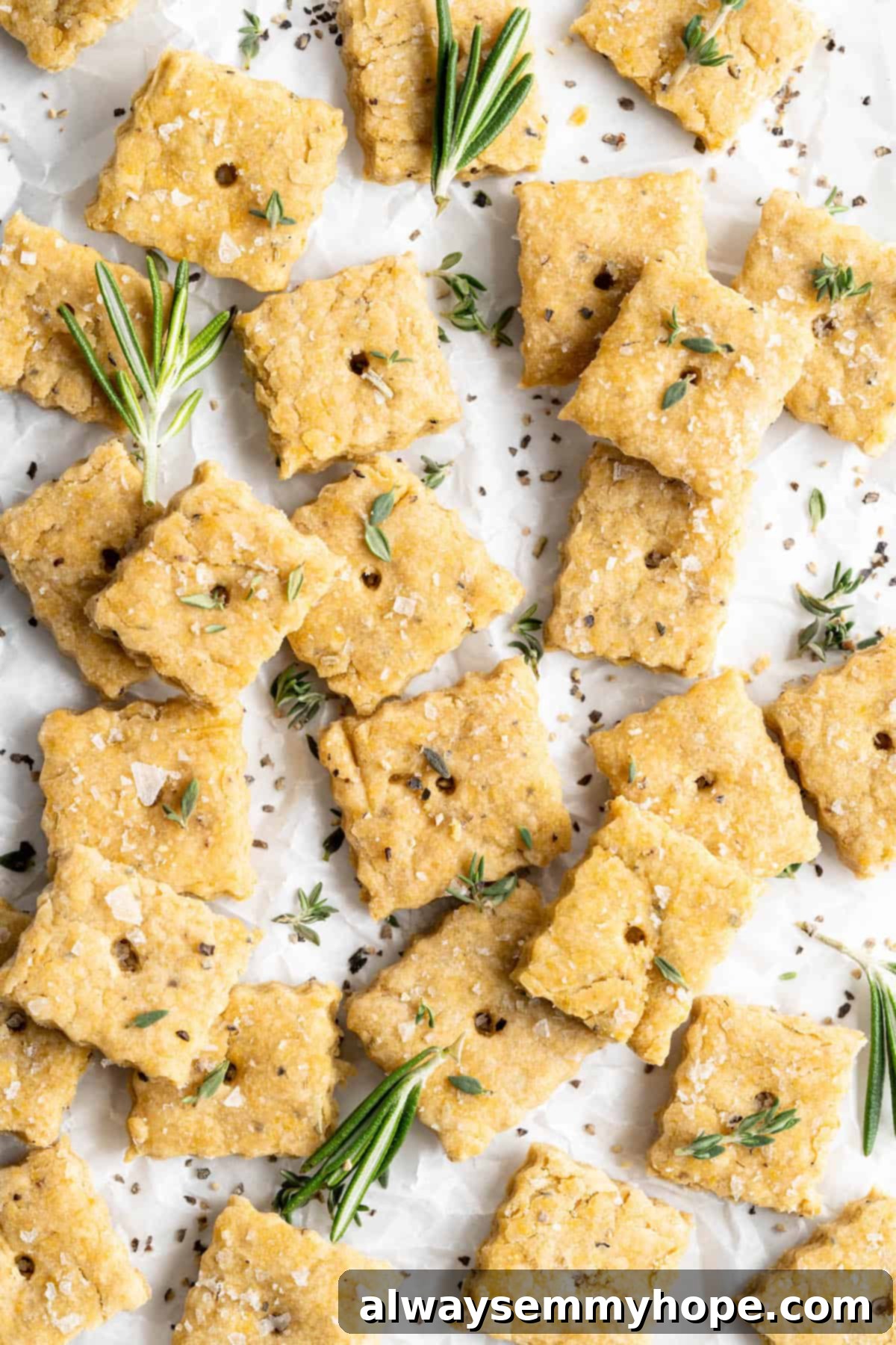 These vegan Cheez-Its are crispy, crunchy, snackable, and super cheesy! Make your own homemade vegan cheese crackers in just 30 minutes. Vegan cheez-its with sea salt and rosemary