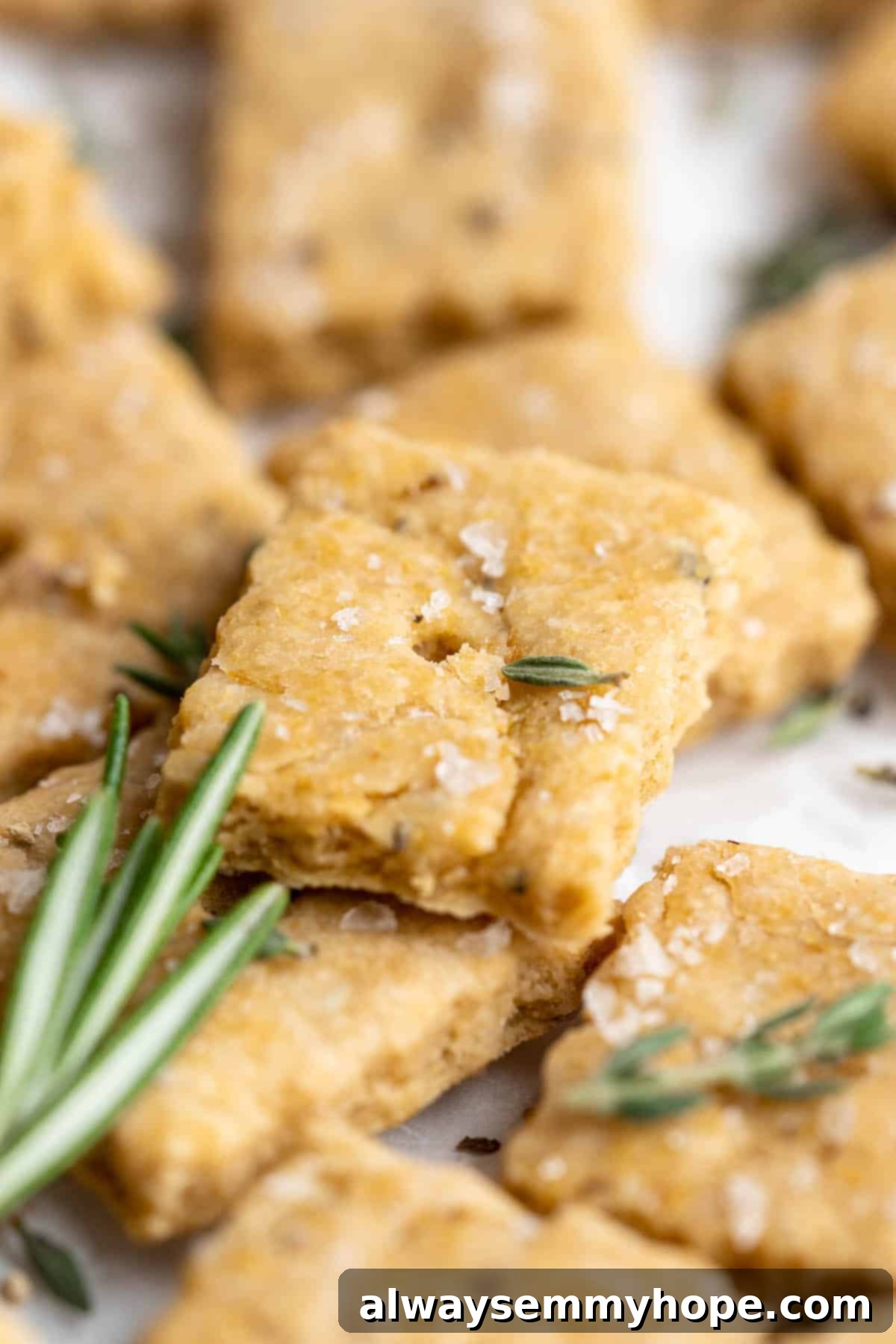 These vegan Cheez-Its are crispy, crunchy, snackable, and super cheesy! Make your own homemade vegan cheese crackers in just 30 minutes. Closeup of vegan cheez-its with sea salt and rosemary